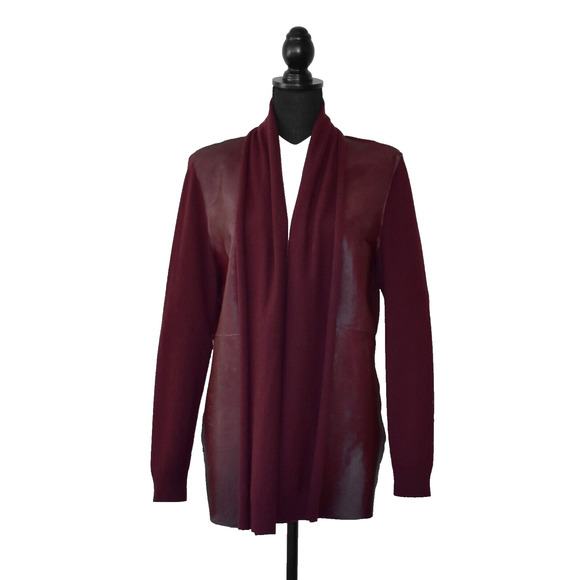 B5 Auth LAFAYETTE 148 Burgundy Hair Paneled Cashmere Open Front Cardigan Size L - Picture 1 of 4
